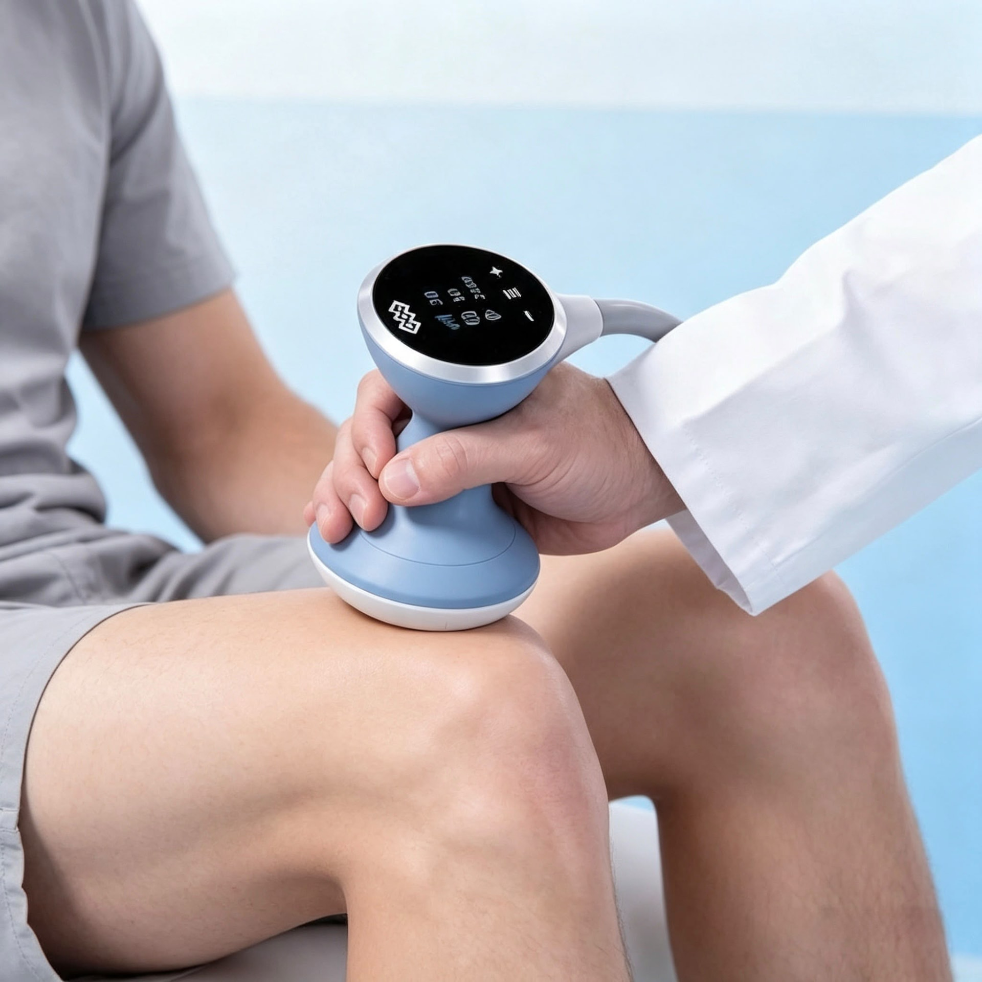 A clinician applying a shockwave therapy device to a client's knee.